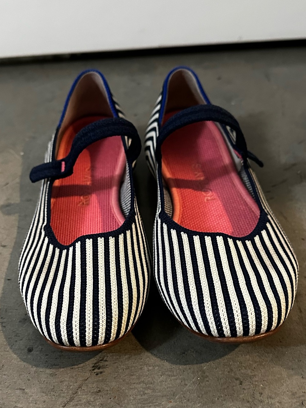 Rothy's Navy and White Striped Mary Jane Flats with Pink Insole
